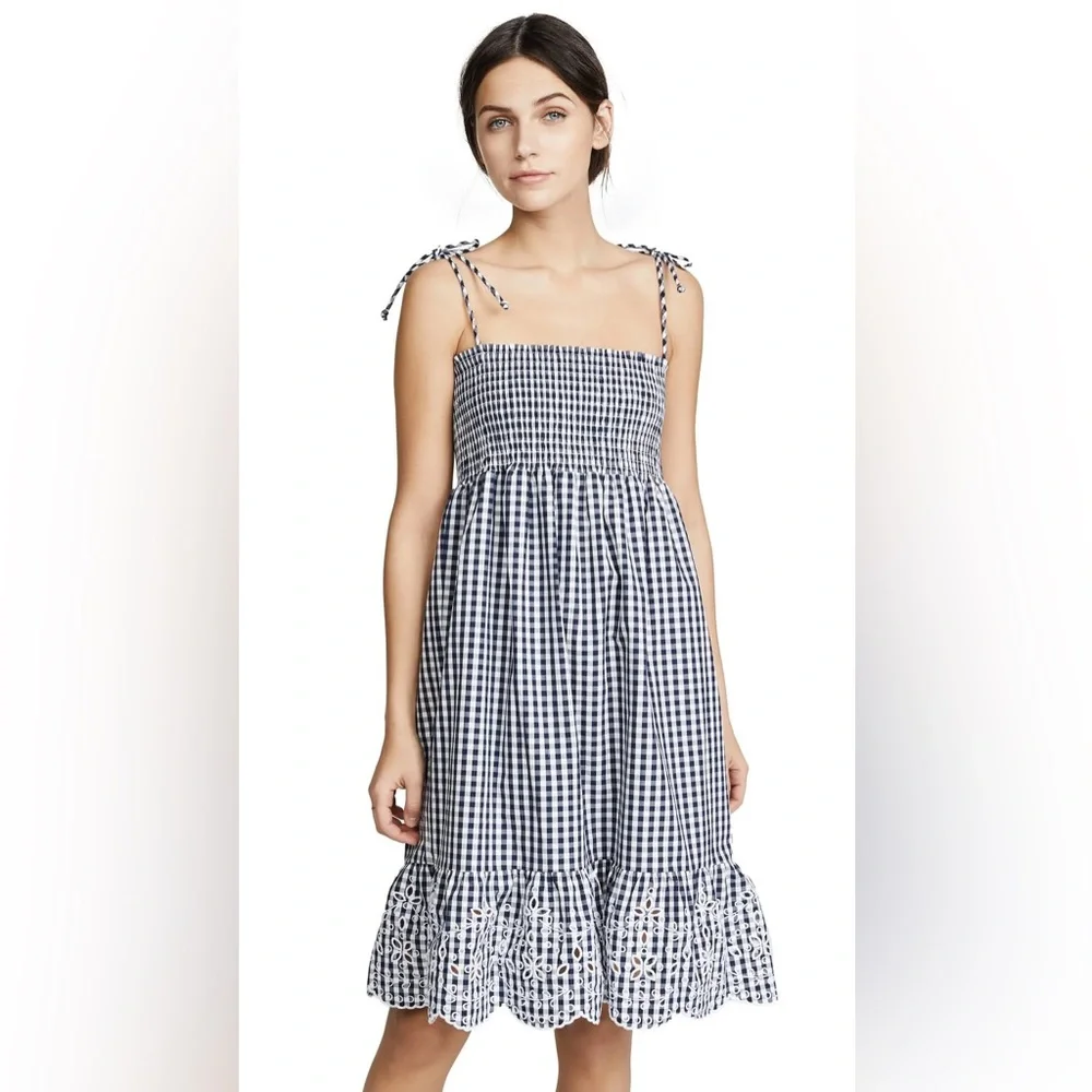 Tory Burch Navy and White Gingham Smocked Midi Dress